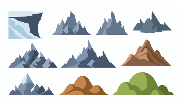 Flat rock mountain vector set with snowy cliffs and hiking landscape elements