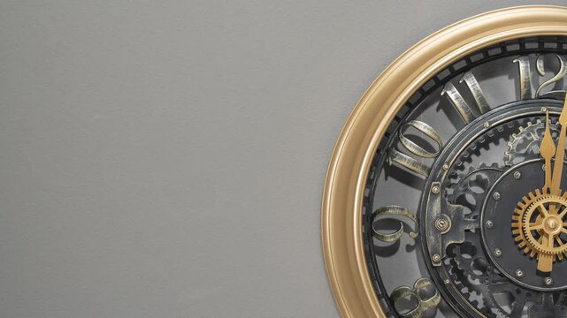 Time-lapse of a decorative wall clock with visible gears as the camera smoothly moves from left to right. The motion emphasizes time passing, mechanical details, and elegant interior design.