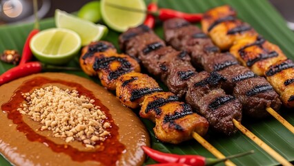 Delicious gourmet dinner featuring grilled chicken breast and pork shish kebab skewers served as a roasted meat dish on a white plate