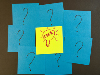 Bright Idea Emerges From Questions - A bright yellow sticky note with a hand-drawn lightbulb and "IDEA" stands out amidst blue notes with question marks, symbolizing innovation and problem-solving.