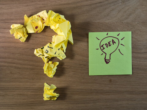 From Question to Bright Idea - A question mark made of crumpled yellow paper next to a green sticky note with a lightbulb drawing and "IDEA". Problem-solving concept. - Powered by Adobe