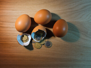 Nest Egg Savings - Cracked brown eggs reveal Euro coins on a wooden table, symbolizing financial growth, hidden wealth, investment, and a secure nest egg for the future.