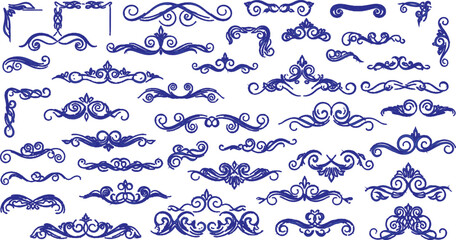 Vintage set of seamless blue flower patterns with ornate victorian frames and calligraphic floral scroll borders for decorative wedding invitation design elements