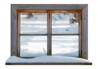 Snowy window with frosty patterns on glass winter cold isolated on a transparent background