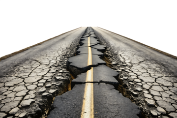 Cracked asphalt road with yellow line isolated on a transparent background broken 1