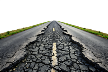 Cracked asphalt road with yellow line isolated on a transparent background broken