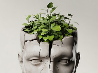 Human Mind Growth Concept with Green Plants Emerging from Cracked Marble Head