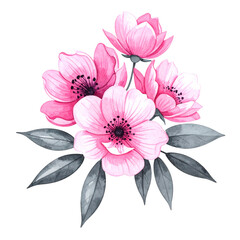 Watercolor arrangement of pink flowers with dark gray leaves on a transparent background