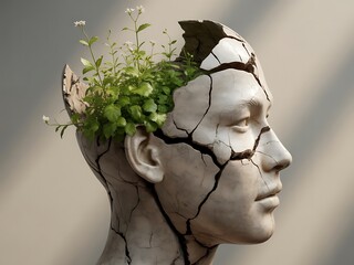 Human Mind Growth Concept with Green Plants Emerging from Cracked Marble Head