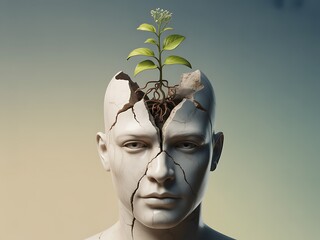 Human Mind Growth Concept with Green Plants Emerging from Cracked Marble Head