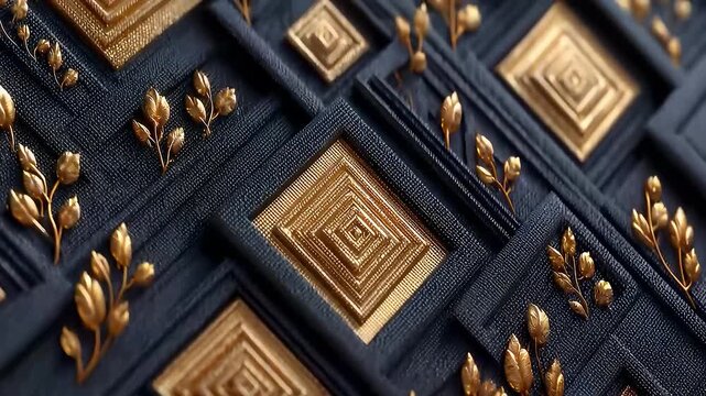 Embossed gold geometric patterns and floral motifs on black texture