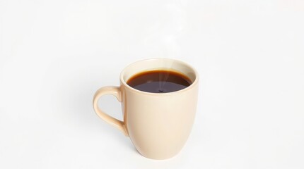 Obraz premium Minimalist Studio Photography of a Beige Ceramic Mug Filled with Hot Steaming Black Coffee Isolated Against a Stark White Background for a Clean Aesthetic