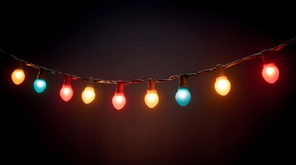 A string of colorful glowing light bulbs hangs against a dark background creating a festive atmosphere