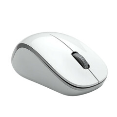 White wireless computer mouse with a scroll wheel and subtle grey accents, angled on black