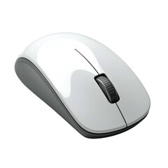 Glossy white wireless computer mouse with dark gray sides, on black background
