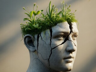 Human Mind Growth Concept with Green Plants Emerging from Cracked Marble Head