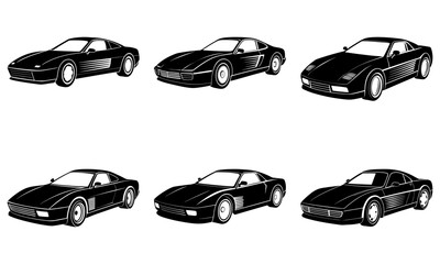 Black sports car silhouette set on white background vehicle