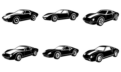 Six Black Sports Cars Silhouettes on White Background 4