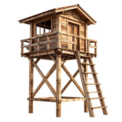 Elevated wooden structure with a small cabin on top, accessible by a ladder