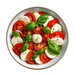 Overhead view of a caprese salad in a white bowl, on black. Sliced tomatoes and mozzarella, basil