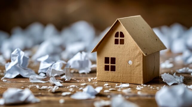 Small model house surrounded by crumpled paper on a wooden surface represents home building and design concepts