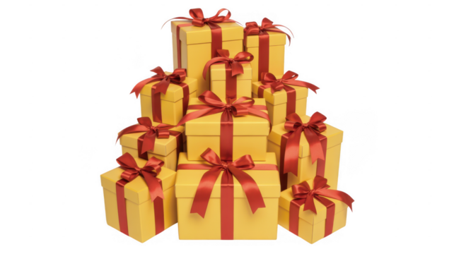 Stack of yellow gift boxes with red ribbons isolated on a transparent background - Powered by Adobe