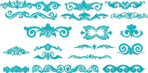 Vintage vector set of ornate floral design elements with decorative scroll patterns, retro swirl borders and black silhouette flower illustrations for elegant frames and art decor.