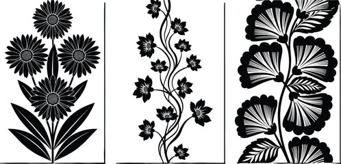Vertical floral ornament set, black botanical borders, vintage flower silhouette, decorative nature panels, woodcut style vector illustration collection for design.