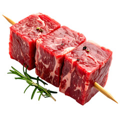 Three raw beef cubes skewered with a sprig of rosemary and peppercorns