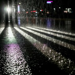 Night Rainy Urban Road with Wet Asphalt and Neon Reflections. Generative AI. 