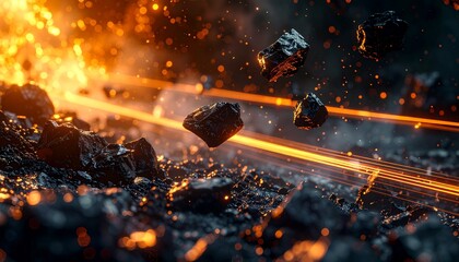 Close-up of burning coal pieces floating in the air with sparks and glowing light trails, representing industrial energy production, fossil fuel power, and heat generation. Background with bokeh.