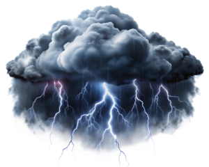Dark storm cloud with lightning and rain isolated on a transparent background thunder