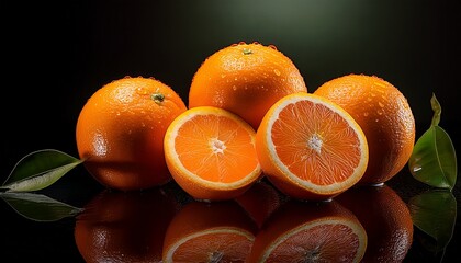 Four fresh oranges with water droplets and green leaves on dark reflective surface, one orange cut open.