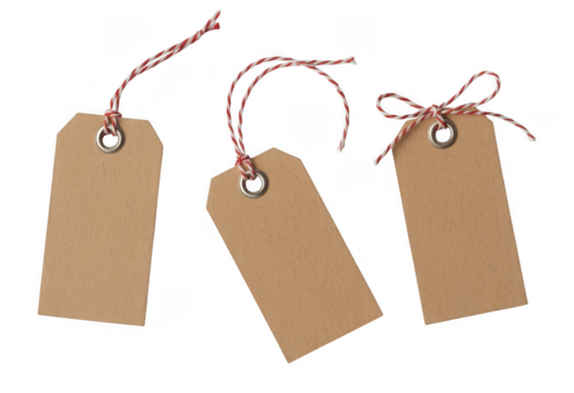 Three brown gift tags with red and white strings isolated on a transparent background - Powered by Adobe
