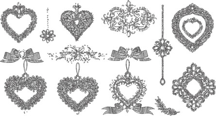 Set of vintage decorative ornamental elements featuring elegant floral swirls and antique victorian borders for vector frame design