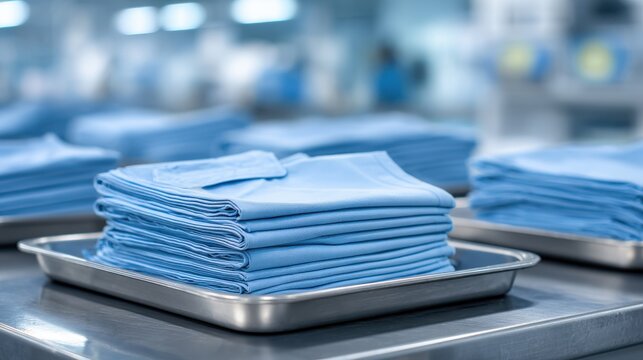 Stack of folded blue surgical scrubs on a sterile metal tray in a hospital laundry facility