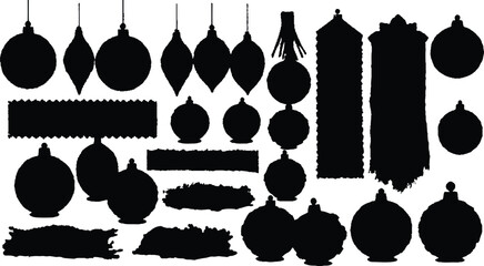 A set of black and white icons for web design with vector holiday ornaments, golden lanterns and silhouettes in a seamless pattern.