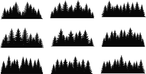 Coniferous forest silhouette set, black pine tree horizon, woodland landscape, evergreen fir panorama, nature wood background vector illustration art. © MstJahanara