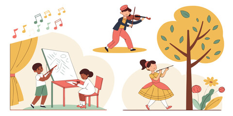 Fototapeta premium Children Engaged in Creative Arts and Music Activities Illustration