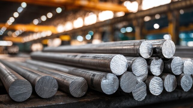 Stack of raw metal rods in an industrial factory setting