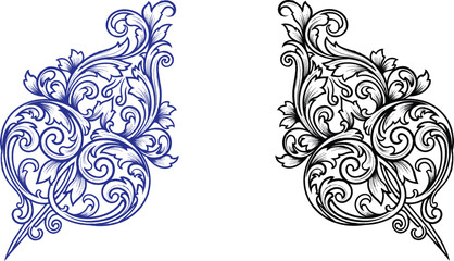 An abstract floral ornament design featuring a vintage vector pattern with swirls, leaves, and butterfly silhouettes in an ornate nature illustration for a wedding card frame