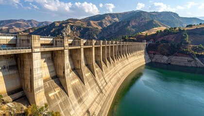 Massive concrete arch-gravity dam holding back a reservoir amidst dry, arid mountains. Concept of water scarcity, drought, hydroelectric power, resource management, and climate change impacts.