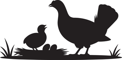 Obraz premium Chicken silhouette with chick and nest vector illustration for farm and poultry design