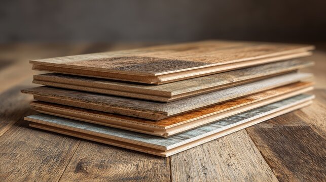 Stack of various wooden laminate flooring samples with different textures and colors on a rustic wooden background