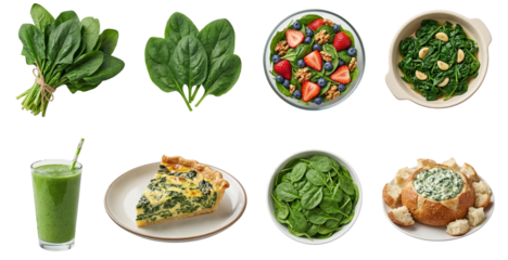 set of fresh spinach in different forms, raw, cooked and as smoothie isolated on a transparent background
