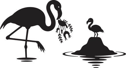 Flamingo silhouette standing on one leg bringing food to chick on mud nest mound in water lake © lok0077