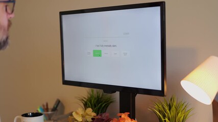 Middle Aged Man Takes Happiness Assessment for Emotional Intelligence and Mental Health Awareness and Wellness Metrics Concept