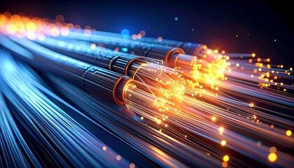 Close-up of glowing fiber optic cables transmitting high-speed data. Abstract technology background representing internet, communication networks and modern data center infrastructure. Blue and orange
