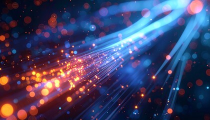 Abstract background with glowing blue and orange fiber optic cables transmitting digital data. Concept of internet communication, network technology, and high-speed information data stream.