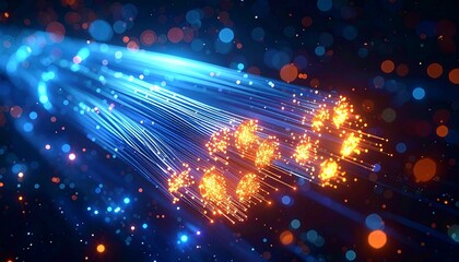 Futuristic fiber optic cable bundle transmitting high-speed data in a network server room. Abstract technology background concept for internet, communication, and big data processing in a datacenter.